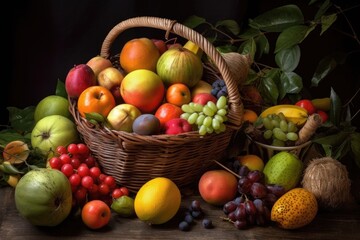 a basket overflowing with ripe and juicy fruits, created with generative ai