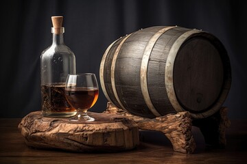 whiskey barrel with a glass and bottle on top, created with generative ai
