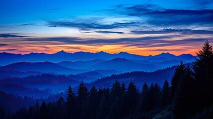 Silhouette of Cascade Mountains at Blue Hour after Sunset - Perfect Landscape Background for Travel and Tourism. Generative AI