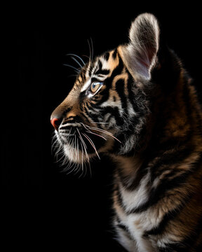 Generated photorealistic image of a yellow-eyed black tiger cub