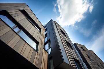 Fototapeta premium diagonal lines and geometric shapes of modern building facades create dynamic contrast against the sky, created with generative ai