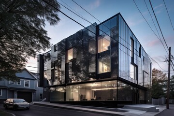 Fototapeta na wymiar sleek metal and glass facade with futuristic design, created with generative ai