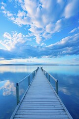 Symmetrical Wooden Pier on a Beautiful Blue Bay of a Lake with Colourful Clouds in Background: Generative AI
