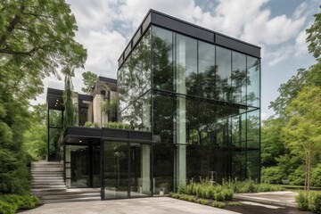 Fototapeta na wymiar modern building with sleek glass exterior, surrounded by lush greenery, created with generative ai