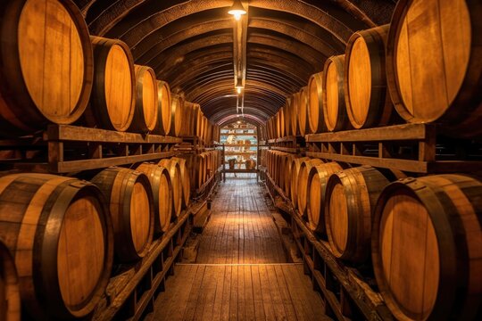 high angle view of whiskey barrels from catwalk, created with generative ai