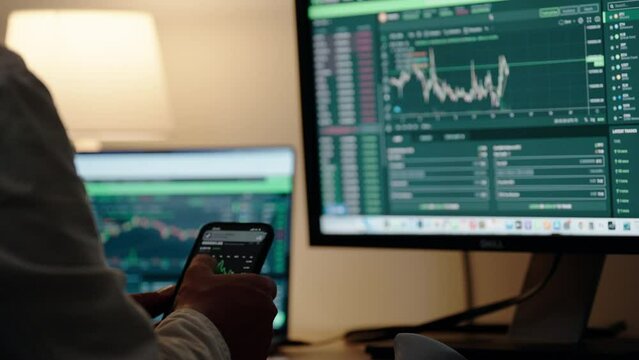 Close-up Monitor Financial Analyst Buy Stock on Invest Market and graphs on monitors and with smartphone.
