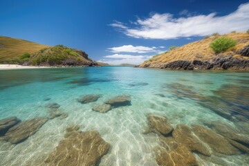 Fototapeta na wymiar remote island beach with crystal-clear waters and azure skies, created with generative ai