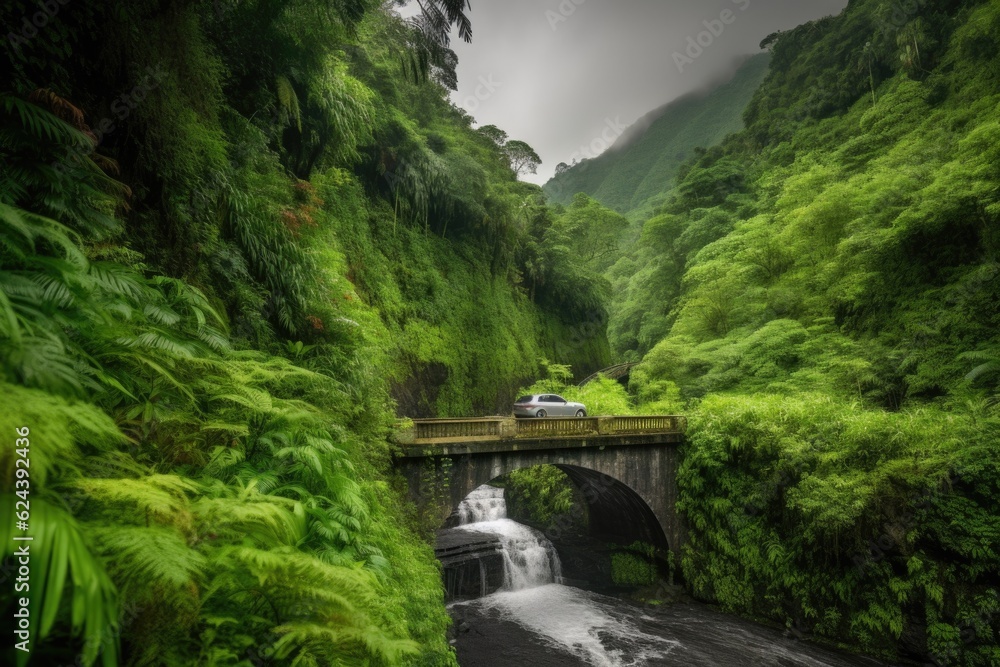 Poster scenic road trip with waterfall and lush greenery in the background, created with generative ai