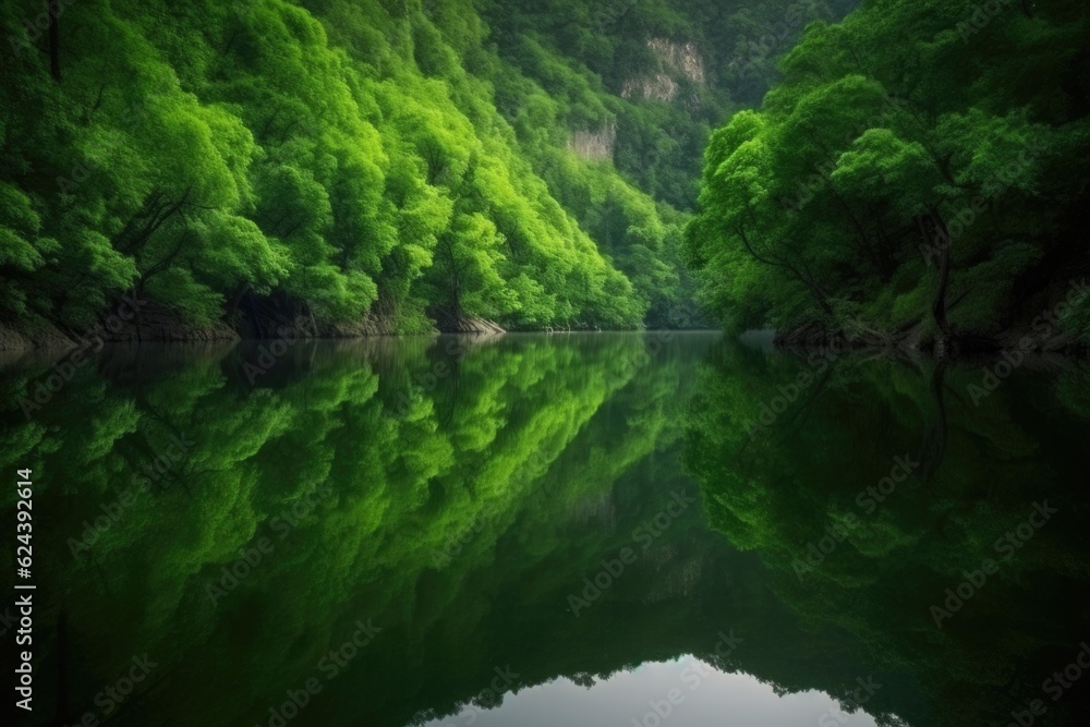 Canvas Prints reflection of peaceful lake surrounded by lush green forest, perfect escape, created with generative ai