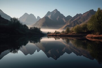 reflection of towering mountain range and lake in misty morning light, created with generative ai