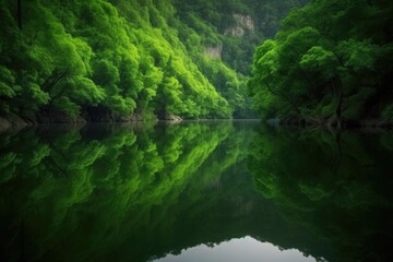 Fototapeta na wymiar reflection of peaceful lake surrounded by lush green forest, perfect escape, created with generative ai