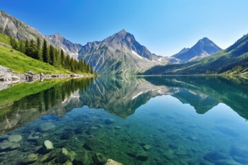 serene lake with reflections of towering mountains and clear, blue skies, created with generative ai