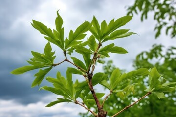 Fototapeta premium close-up of the leaves and sprouts of a sprouting tree against a cloudy sky, created with generative ai