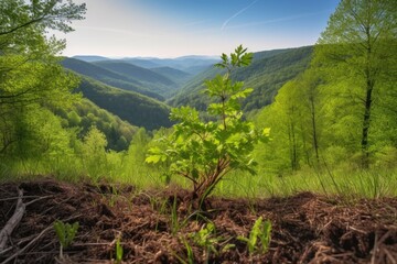 sprouting tree sprouts in forest setting, with view of rolling hills and mountains, created with generative ai