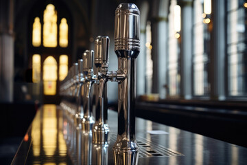 Fototapeta na wymiar The beer taps in a pub. nobody. Selective focus. Alcohol concept. Vintage style. Beer craft. Bar table. Steel taps. Shiny taps.