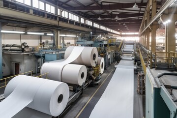 pulp and paper factory, with machines endlessly producing rolls of paper, created with generative ai