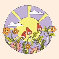 Fototapeta premium Old school print with flowers and fly agaric. Illustration for scrapbooking, prints, cards