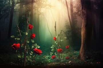 magical forest with red roses and magic wand, created with generative ai