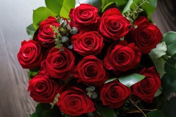 bouquet of red roses surrounded by greenery for modern and elegant arrangement, created with generative ai