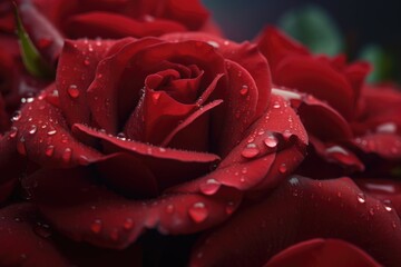 close-up of red rose petals, with water droplets on their surface, created with generative ai