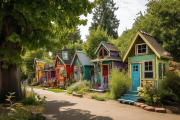 a tiny house community filled with whimsical, colorful homes in a park setting, created with generative ai