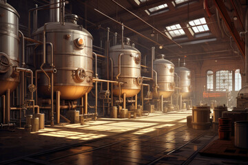 Naklejka na ściany i meble Brewery. Modern beer plant with brewering kettles, tubes and tanks made of stainless steel
