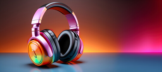 Colorful headphones isolated on gradient background. Wireless and wired headset with noise cancelling. Banner. Generative AI