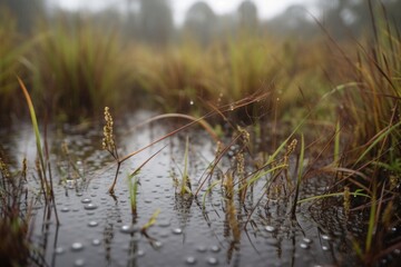 close-up of marshland, with water droplets and plants visible, created with generative ai