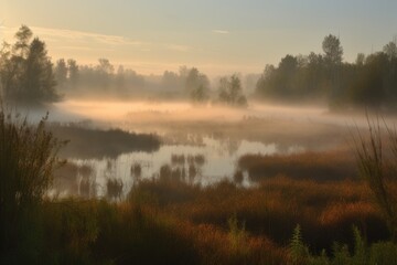 Fototapeta na wymiar misty morning with mist rising from wetlands and marshlands, created with generative ai