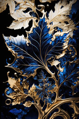 Blue and gold filigree and alcohol ink fusion, Generative AI