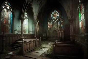 Fototapeta premium creepy abandoned church with broken stained glass windows and fallen pews, created with generative ai