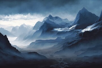 majestic mountain range, obscured by fog and mist, with patches of blue sky visible, created with generative ai