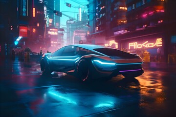A futuristic self-driving car navigating through a neon-lit cityscape - Generative AI