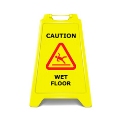 Wet floor standing caution sign board realistic vector illustration. Double-sided folding yellow display stand with editable design