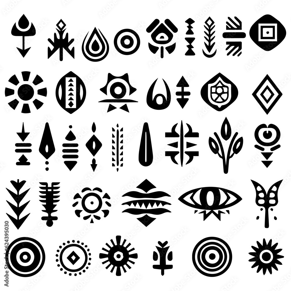 Wall mural Set of native American black and white elements, traditional ornaments.