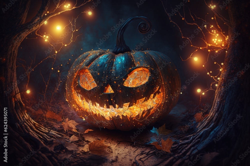 Sticker jack-o'-lantern surrounded by twinkling lights, creating a festive atmosphere, created with generative ai