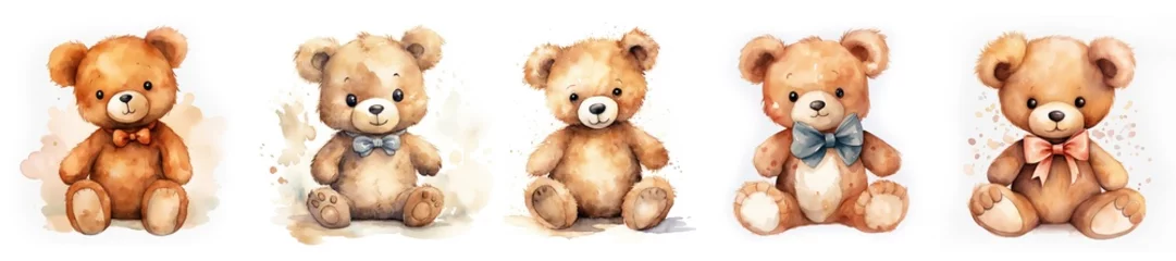 Fotobehang Generative AI, Set of 5 super cute brown teddy bear watercolor isolated on white background © Rymma