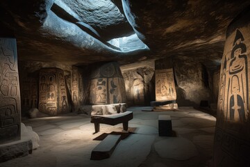 mysterious symbols in ancient rock gallery, created with generative ai