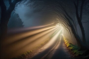 foggy path with mysterious light beams shining through the mist, created with generative ai