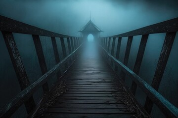 foggy wooden bridge over a dark and mysterious abyss, created with generative ai
