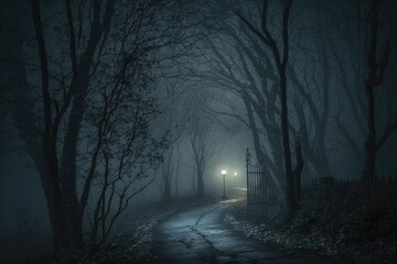 dark and foggy night-time path with eerie atmosphere, perfect for horror settings, created with generative ai