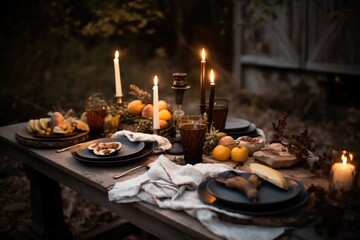 rustic outdoor table setting with natural elements and candlelight, created with generative ai