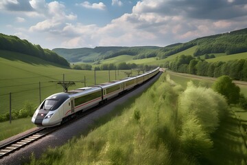 A high-speed train zipping past a scenic countryside landscape - Generative AI