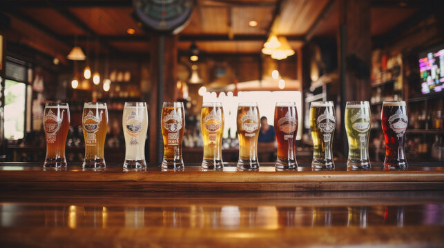 Glasses with different sorts of craft beer on wooden bar. Tap beer in pint glasses arranged in a row.