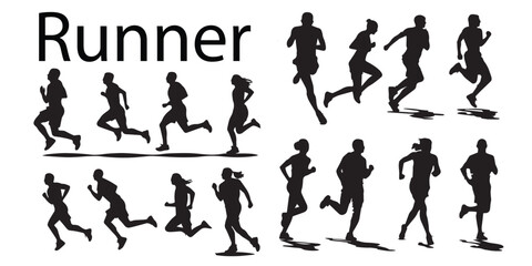 Run, runner girl and boy different style  silhouette vector 