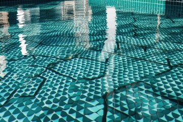swimming pool, with ripples and reflections, surrounded by sparkling tiles, created with generative ai