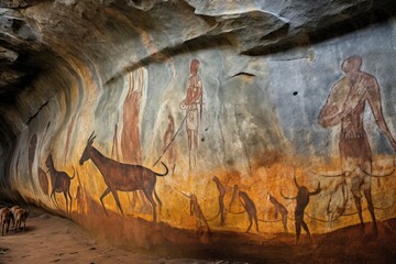 ancient hunting scene depicted in rock art, created with generative ai