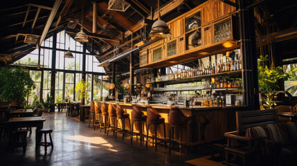 Fototapeta premium Rustic wooden table in a cozy restaurant setting