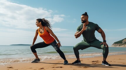 Young couple doing exercises warming up on morning beach.