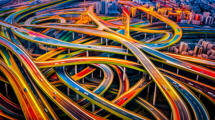 Arrière plan illustrant le concept de vitesse du trafic sur l'autoroute, la circulation, les lumières, la nuit - Papier peint coloré moderne, et contemporain - Générative IA